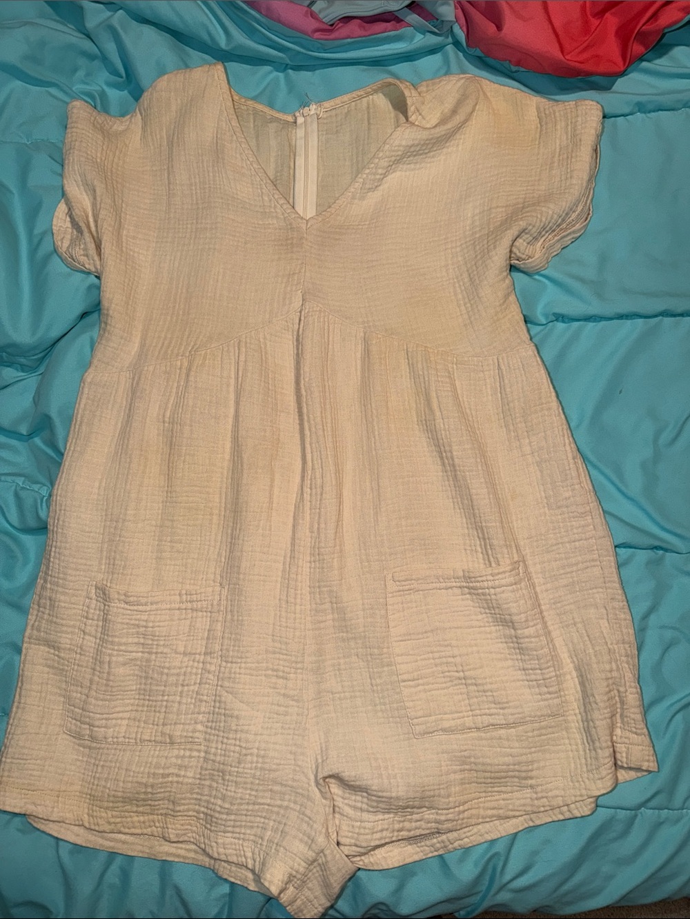 Cream Gauze V-Neck Romper
